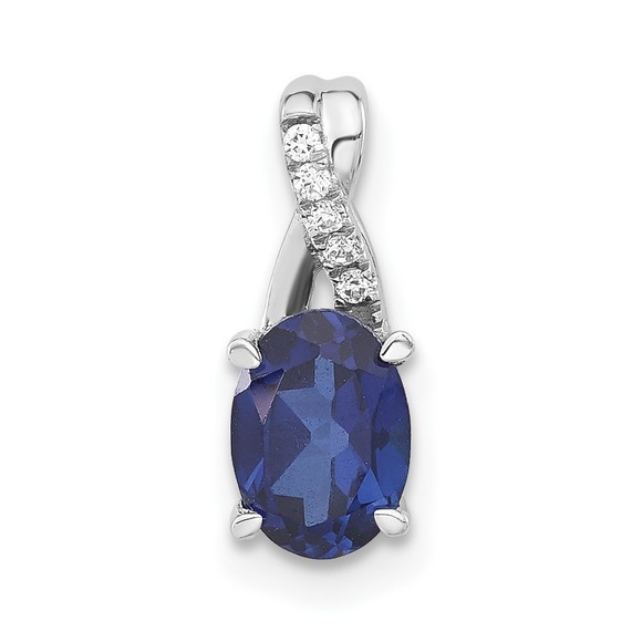 LaneMax Jewelry - 14k White Gold Oval Created Sapphire and Diamond Pendant